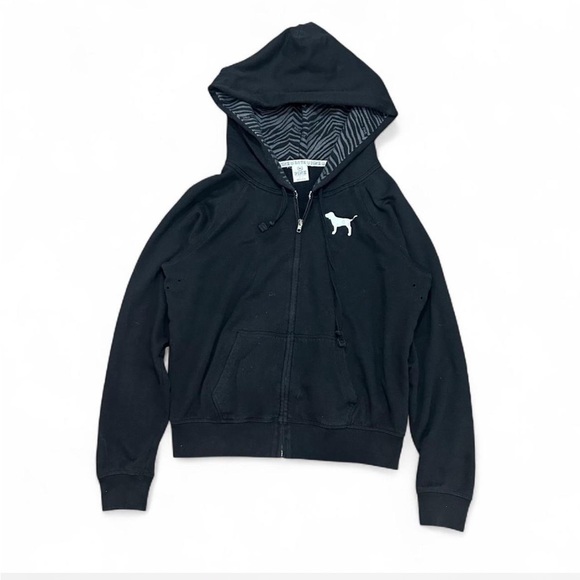 PINK Victoria's Secret Tops - PINK Victoria's Secret Black Zip-Up Hoodie with Dog Logo
